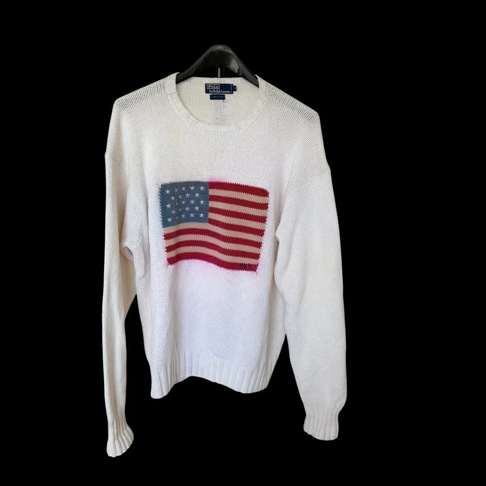 90's Polo Ralph Lauren American Flag Sweater XL Cotton Knit USA Discoloration